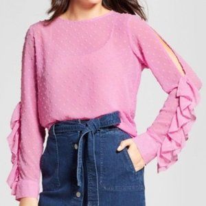 A New Day Hot Pink Swiss Dot Cold Shoulder Cutout Long Sleeve Top (Women's XL)